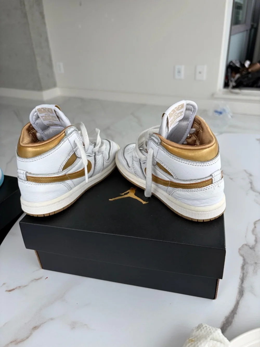Nike Kids White and Tan High-Top Sneakers with Gold Logo Accent - Picture 4 of 5